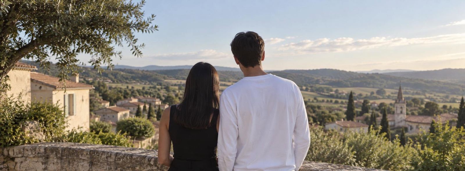 Louison et Léane de dos, regardant un village depuis un point de vue